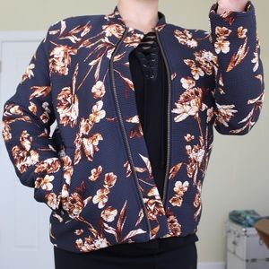 H&M Navy & Floral Bomber Style Jacket